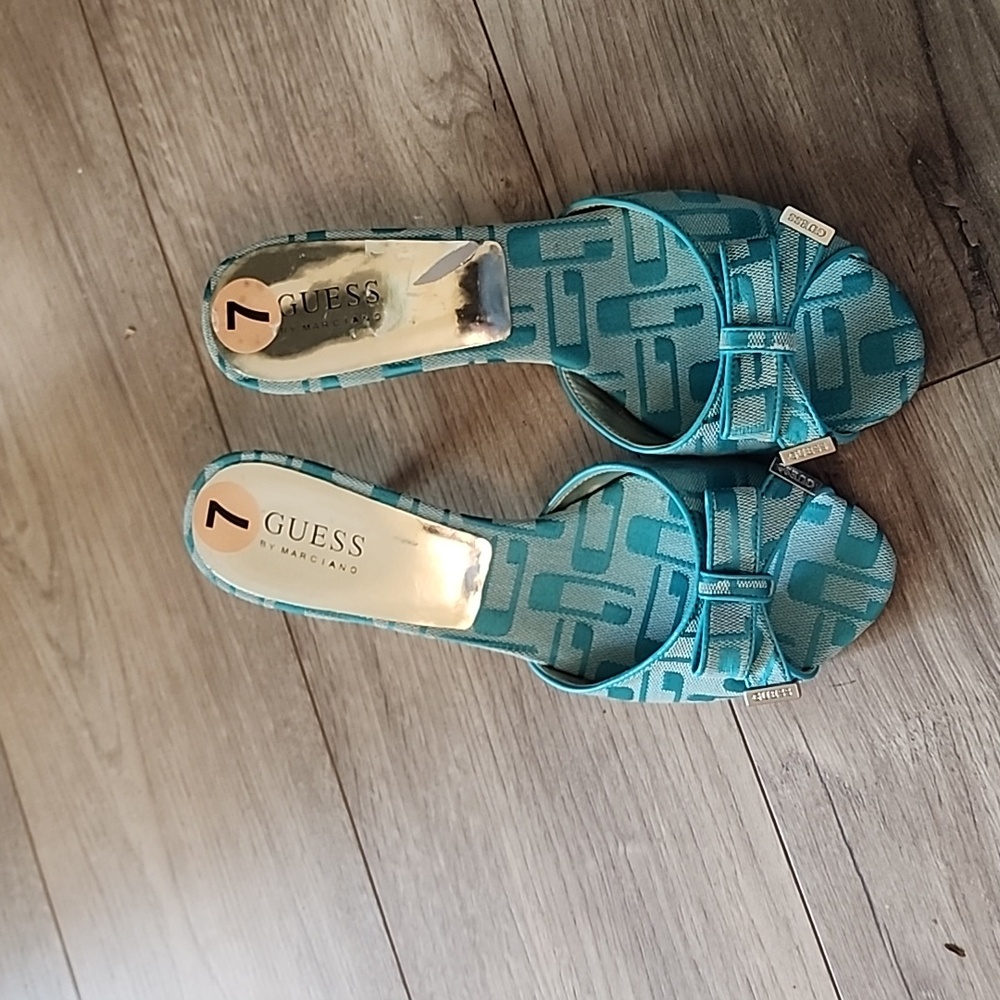 Guess by Marciano Teal Patterned Open-Toe Heeled Slides